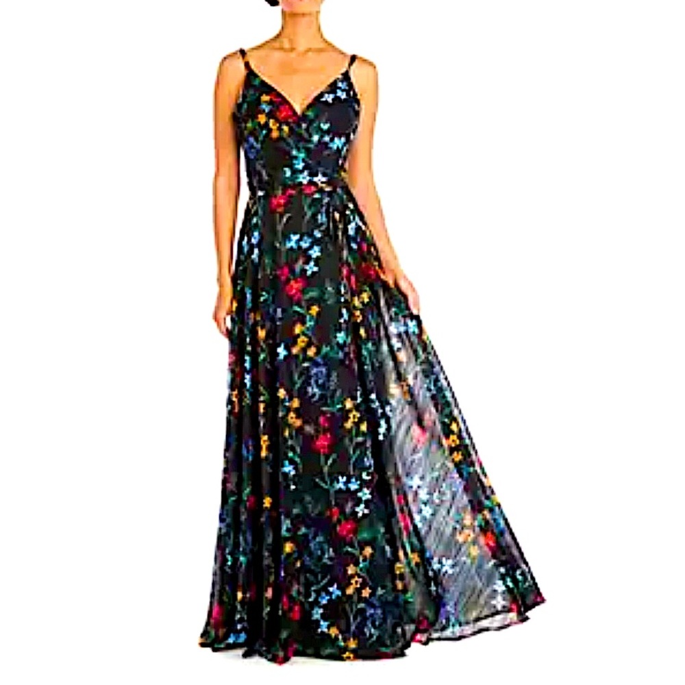 Long Floral Print W Spaghetti Straps And Mock Wrap Bodice